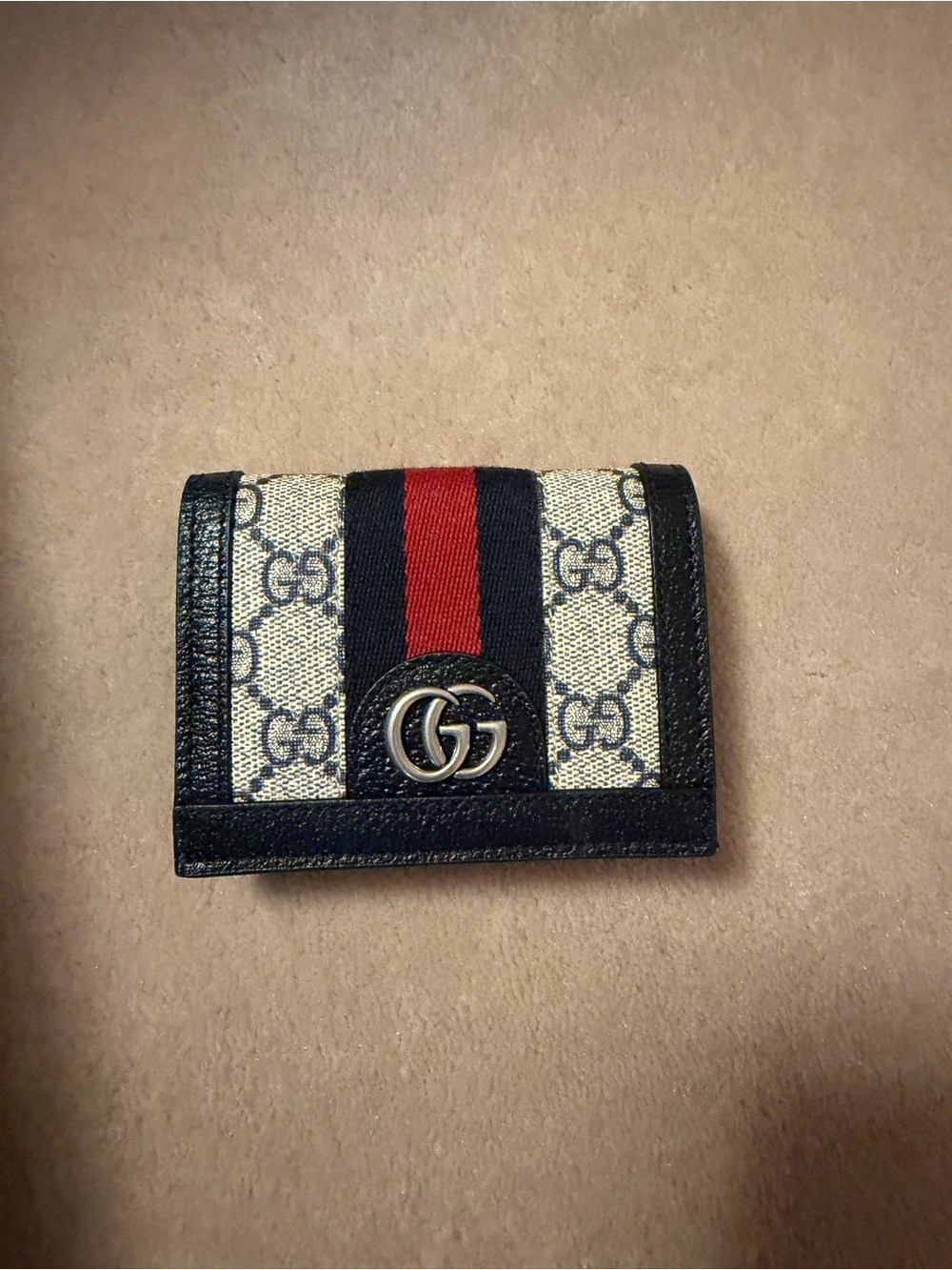 Gucci Beige GG Canvas Card Holder with Black Trim and Red/Navy Web